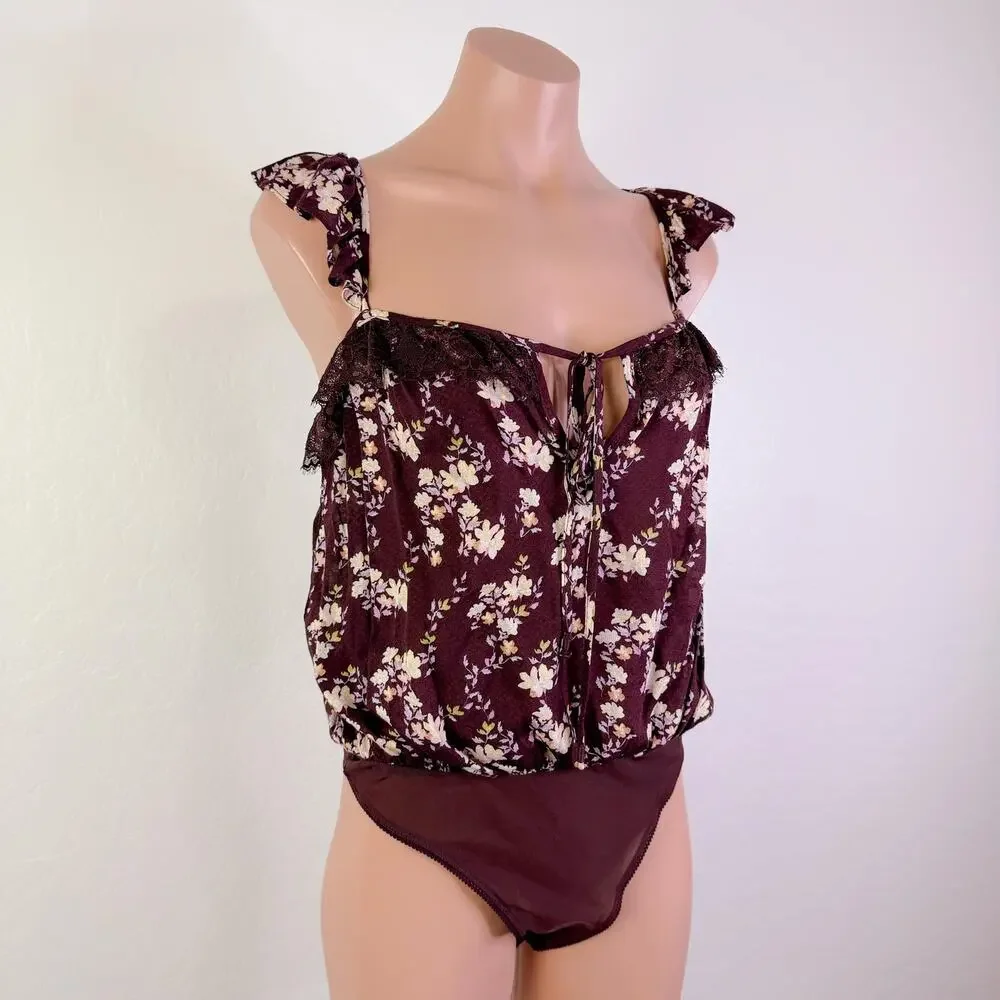 Free People Prairie Cottage Take It Away Lace Floral Bodysuit Top Brown sz S NWT